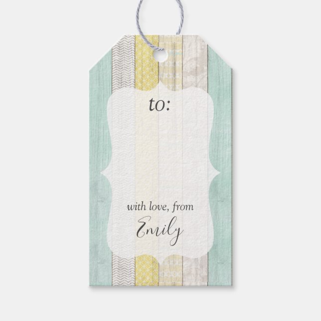Mint & Yellow Boho Geo Holzmuster Personalisiert Geschenkanhänger (Vorderseite)