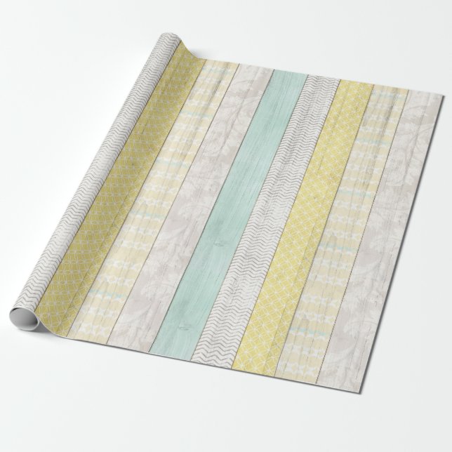 Mint & Yellow Boho Geometric Muster Rustikales Hol Geschenkpapier (Ungerollt)
