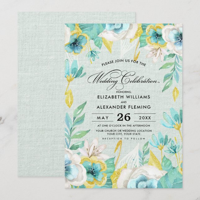 Mint Yellow Floral Burlap Wedding Einladung (Vorne/Hinten)