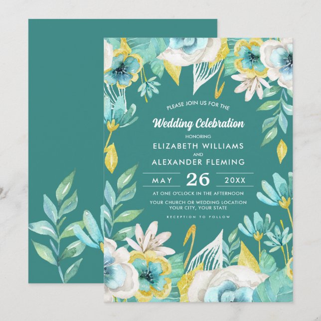 Mint Yellow Floral Watercolor Hochzeit Einladung (Vorne/Hinten)