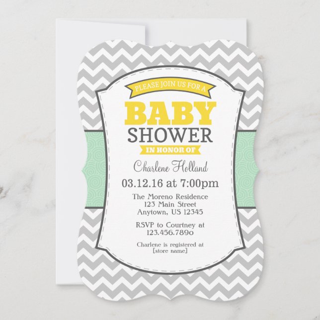 Mint Yellow Grey Zickzack Baby Dusche Einladung (Vorderseite)