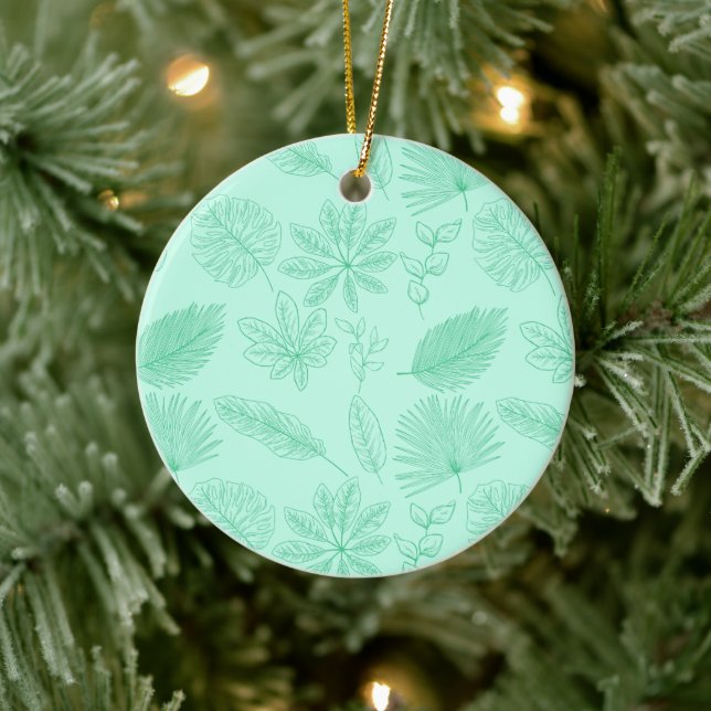 Mintblaue Blätter Muster Keramik Ornament (Baum)