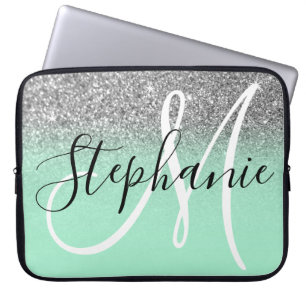 Mintgrün und Silber Glitter Ombre Monogramm Laptopschutzhülle