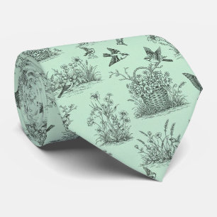 Mintgrüne Pastoral-Toile mit Vögeln und Blüten Krawatte