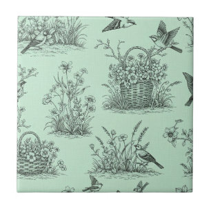 Mintgrüne pastorale Toile mit Vögeln und Blüten Fliese