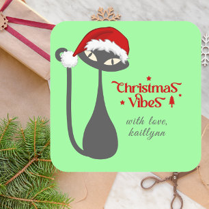 Mintgrüne Retro-Atom-Schwarze-Katze-Weihnachten Quadratischer Aufkleber