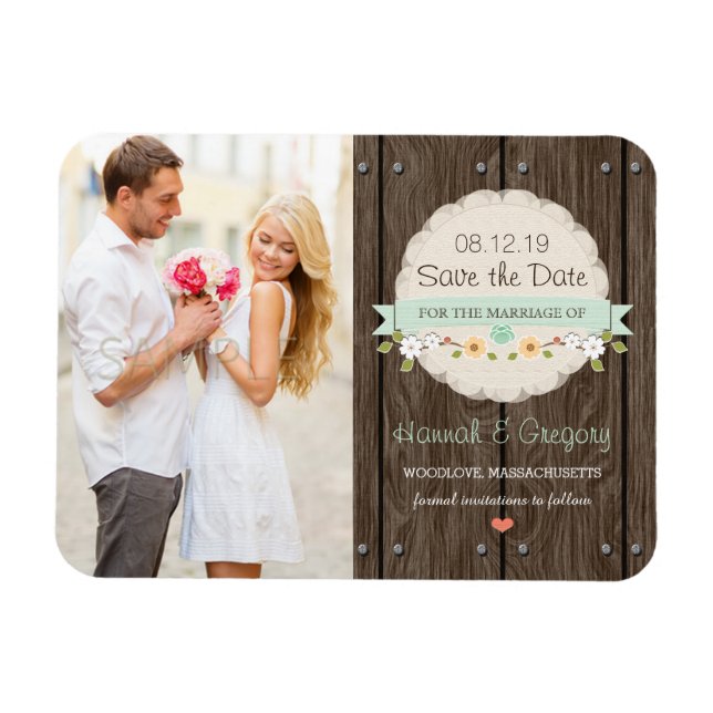 Mintgrüne rustikale florale Boho Save-the-Date-Kar Magnet (Horizontal)