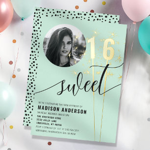 Mintgrüne Sparkler Sweet 16 Geburtstagsfoto Folieneinladung
