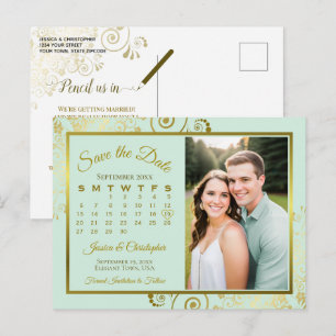 Mintgrüne und goldene Hochzeit Save Date Kalender Ankündigungspostkarte