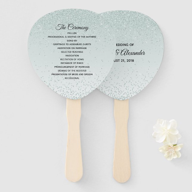 Mintgrüner Glitter-Hochzeitsprogramm-Fächer Fächer (Vorne und Hinten)