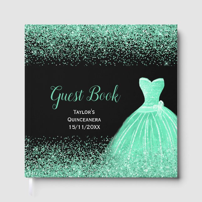 Mintgrünes Kleid mit falschem Glitter Quinceanera Gästebuch (Vorderseite)