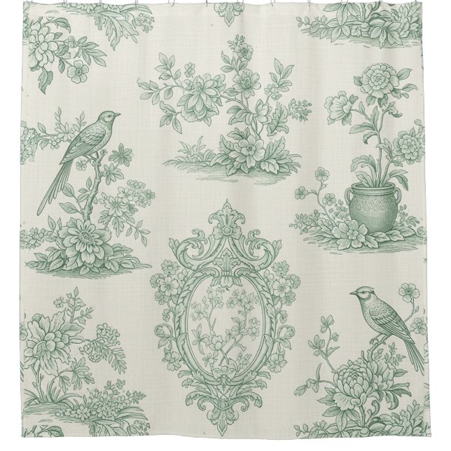 Mintgrünes Toile-Blumen- und Vogel-Muster Duschvorhang (Vorderseite)