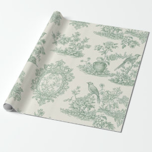 Mintgrünes Toile-Blumen- und Vogelmuster Geschenkpapier