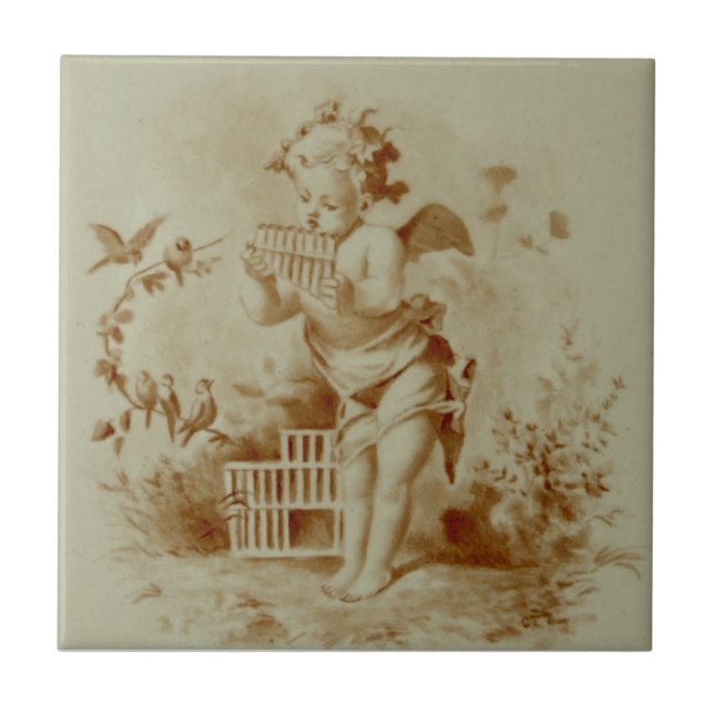 Minton Cherub Pan Pipes für Vögel HP Repro Fliese (Vorderseite)