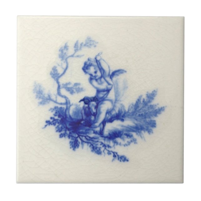 Minton Putti Cherub Sheep Flow Blue c.1875 Repro Fliese (Vorderseite)