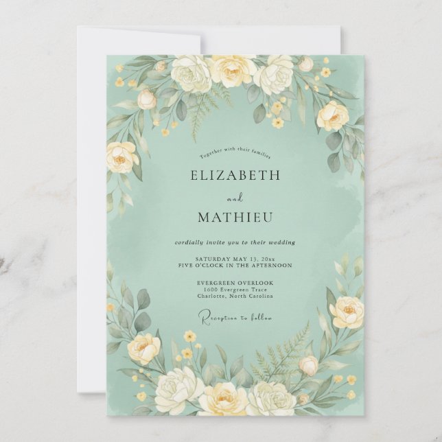 Mintsgrüne weiche botanische Hochzeit Einladung (Vorderseite)