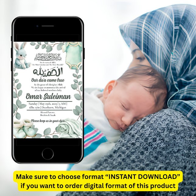 Minty Green Baby Stuff Muslim Geburtsankündigung Einladung (Von Creator hochgeladen)