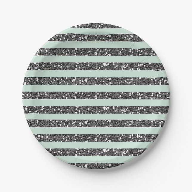 Minty Minze Green & Silver Glitzer Streifen Party Pappteller (Vorderseite)