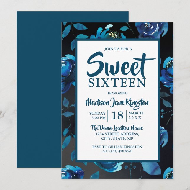 Minuit Bleu Floral Noir Élégant Doux 16 Invitation (Devant / Derrière)
