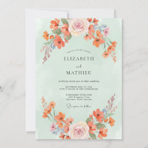 Minz-Rosa-Korallen-Wildblumen-Hochzeit Einladung