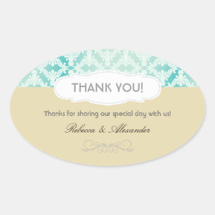 Minz-Teal-Gold-Damask-Hochzeit-Danke Ovaler Aufkleber
