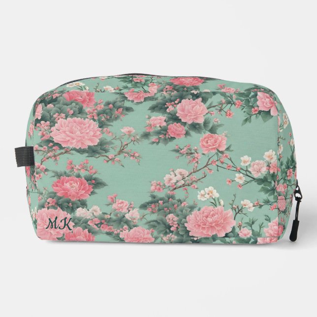 Minz- und rosa Kirschblüten-Monogramm-Initiale Waschbeutel (Vorderseite)
