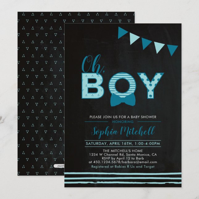 Minzblau und Marine | Tafel "Oh Boy" Babydusche Einladung (Vorne/Hinten)