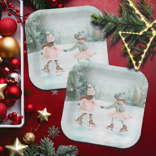 Minze and Pink Girls Skaten - Winterlandschaft Pappteller