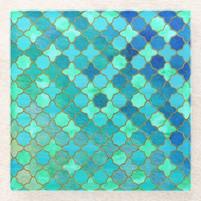 Minze Aqua Aquamarin Gold Oriental Marokkanisches  Glasuntersetzer (Vorderseite)