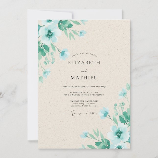 Minze-Aqua-Blüten-Hochzeit Einladung (Vorderseite)