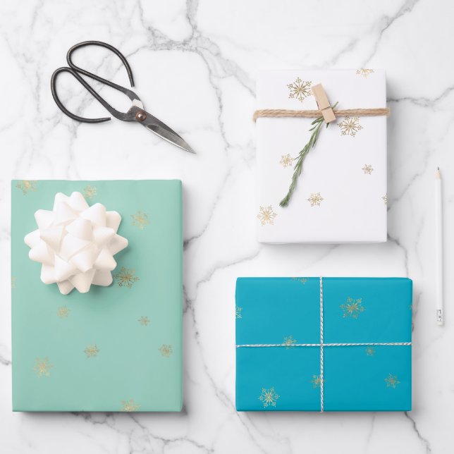 Minze Aqua Weihnachten Gold Schneeflocken Geschenkpapier Set (Vorderseite)