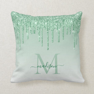 Minze Aquamarin Green Glitzer Tropfen Glam Monogra Kissen