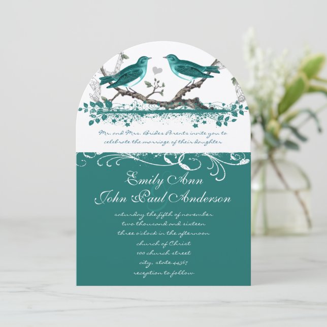 Minze Aquamarine romantische Rustikale Liebesvogel Einladung (Stehend Vorderseite)