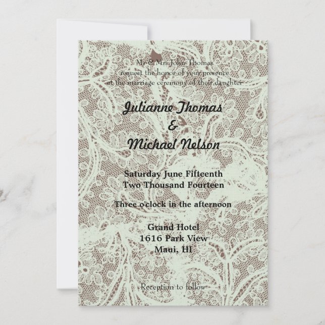 Minze Beige Imitats Lace Floral Wedding Einladung (Vorderseite)
