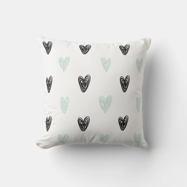 Minze & Black Hearts Doodles Muster Personalisiert Kissen (Vorderseite)