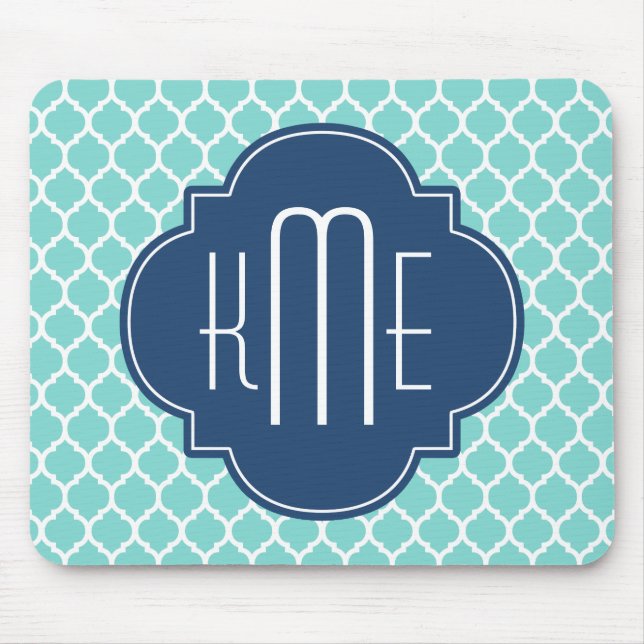 Minze blaue marokkanische Quatrefolienmonogramm Mousepad (Vorne)