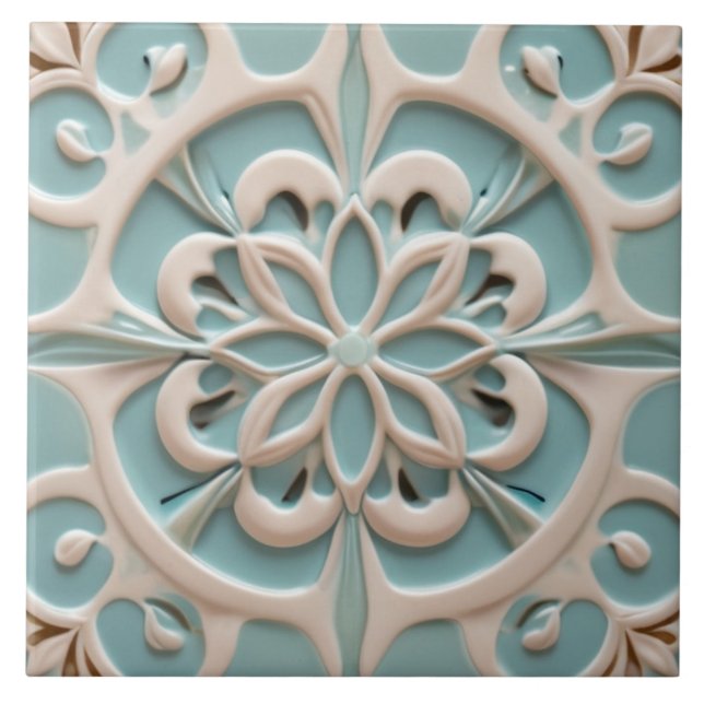 Minze Blue Daisy Blume Imitats Relief Boho Floral Fliese (Vorderseite)