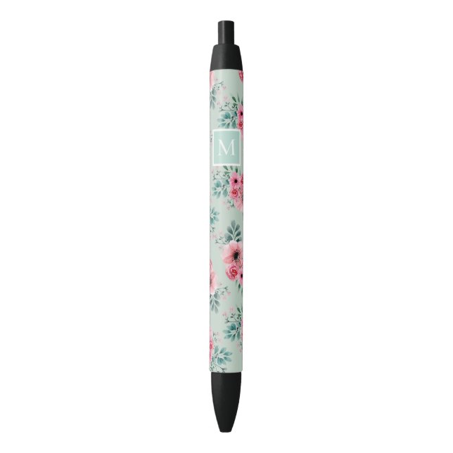 Minze | Chic Watercolor Floral Monogram Kugelschreiber (Vorderseite Vertikal)