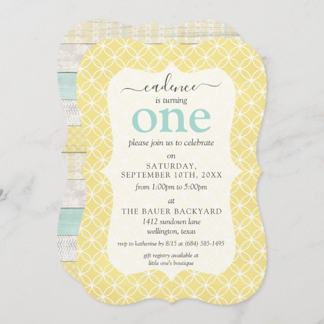 Minze & Gelbe Rustikale Hütte Custom Age Geburtsta Einladung (Vorne/Hinten)