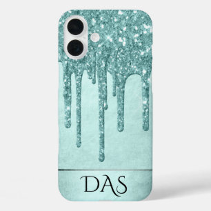 Minze-Glitzer   Aqua Aquamarin Melting Monogram iPhone 16 Plus Hülle