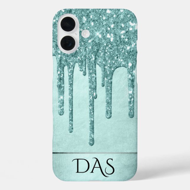 Minze-Glitzer | Aqua Aquamarin Melting Monogram iPhone 16 Plus Hülle (Rückseite)