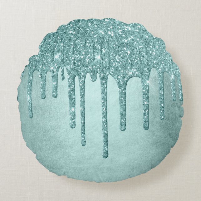 Minze-Glitzer | Aqua Aquamarin Melting Pour Rundes Kissen (Vorderseite)