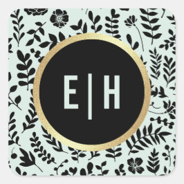 Minze | Gold | Black Floral Monogram Wedding Quadratischer Aufkleber