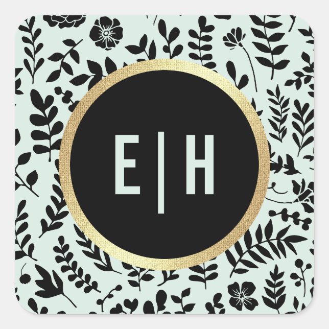 Minze | Gold | Black Floral Monogram Wedding Quadratischer Aufkleber (Vorderseite)