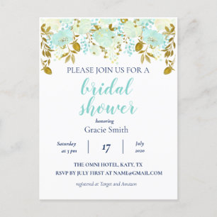 Minze & Gold Floral Brautparty Einladungspostkarte