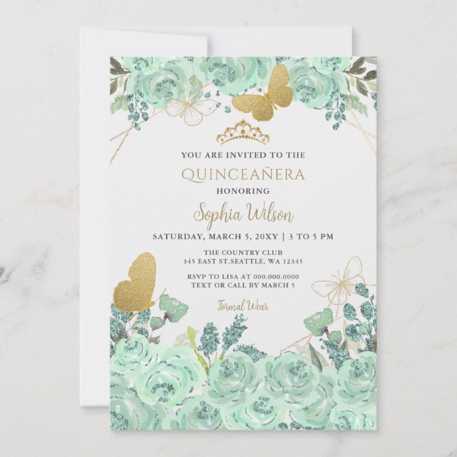 Minze Gold Floral Butterfly Quinceañera Quince Einladung (Vorderseite)