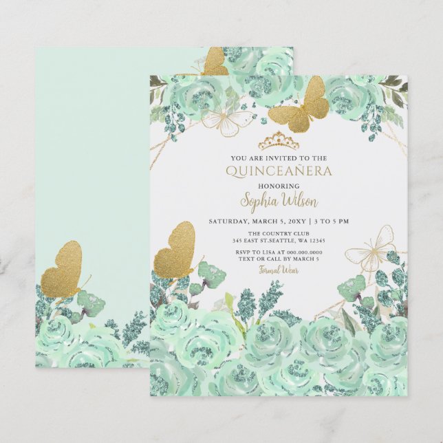 Minze Gold Schmetterling Quinceañera Einladung (Vorne/Hinten)