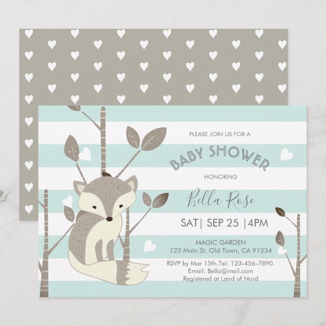 Minze graue Streifen Fox Heart Baby Dusche Einladung (Vorne/Hinten)