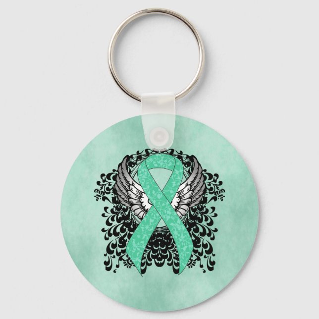 Minze Green Awareness Ribbon mit Flügeln Schlüsselanhänger (Vorderseite)