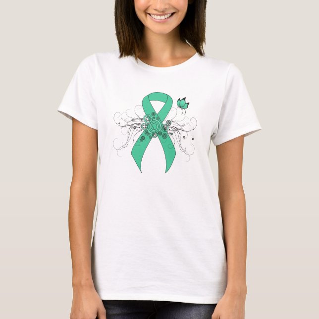 Minze Green Awareness Ribbon mit Schmetterling T-Shirt (Vorderseite)